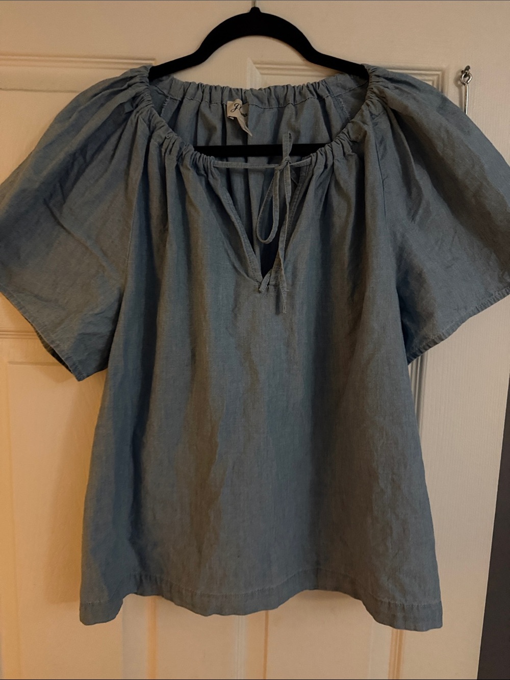 J. Crew Light Blue Tie-Neck Peasant Blouse